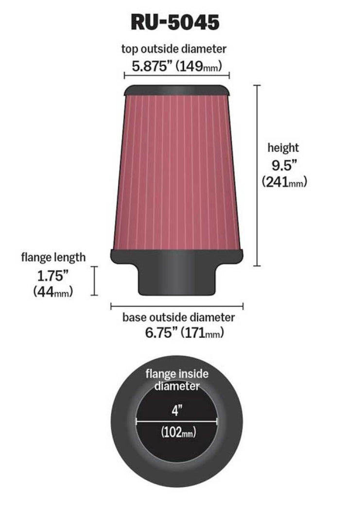 K&N Filter 4 inch Flange 6 3/4 inch OD Base 5 7/8 inch OD Top 9 1/2 inch Height - Bull Strap