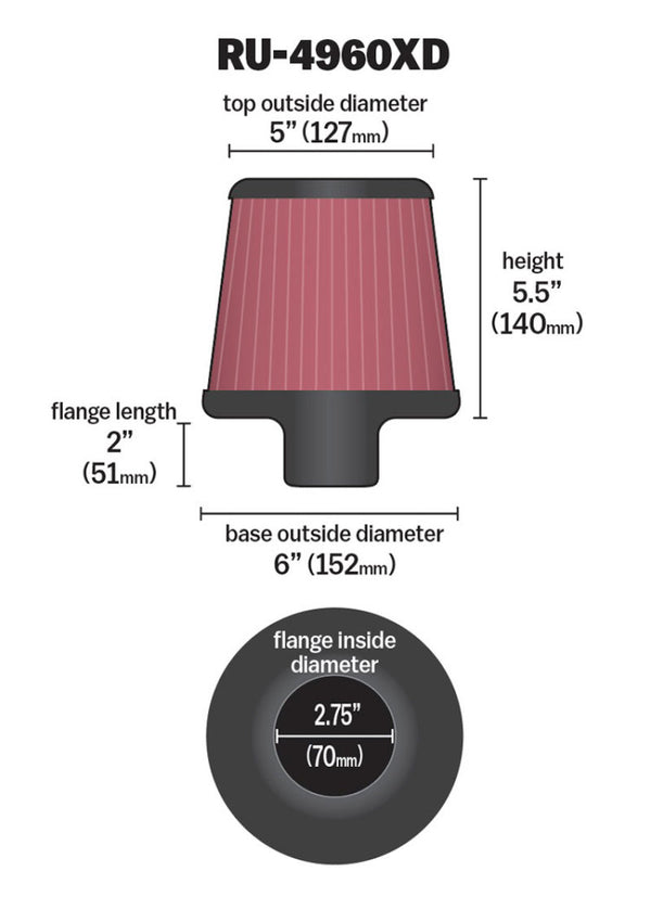 K&N Filter Universal Clamp-On Filter-Round Tapered 2.75in Flange ID x 6in Base OD x 5in Top OD - Bull Strap