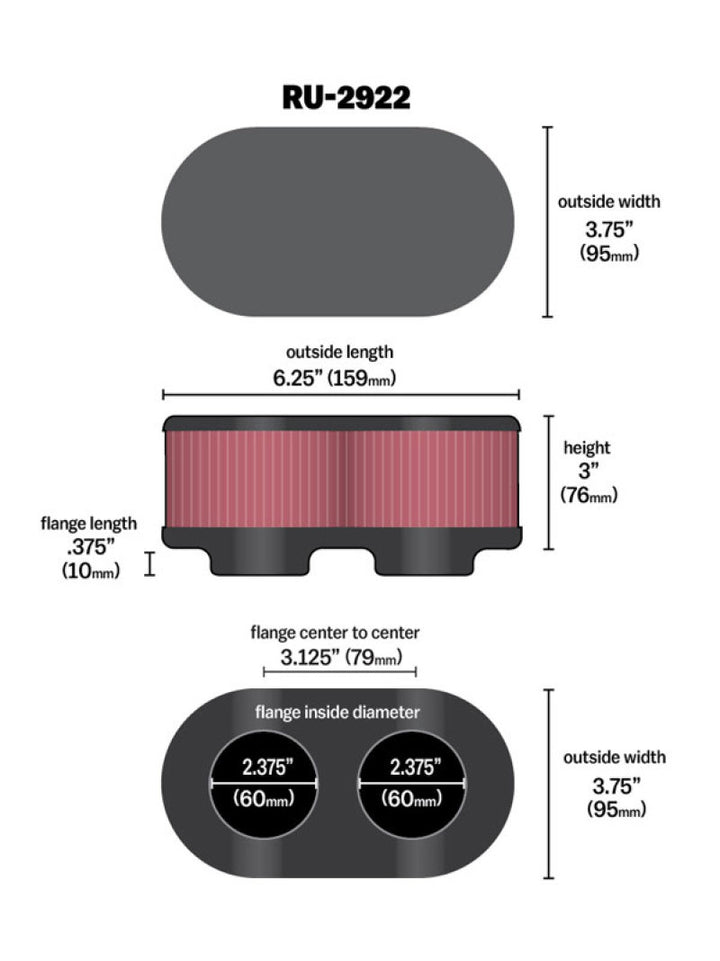 K&N Filter Universal Filter 2 3/4 inch Dual Flange GSXR Oval (2/Box) - Bull Strap