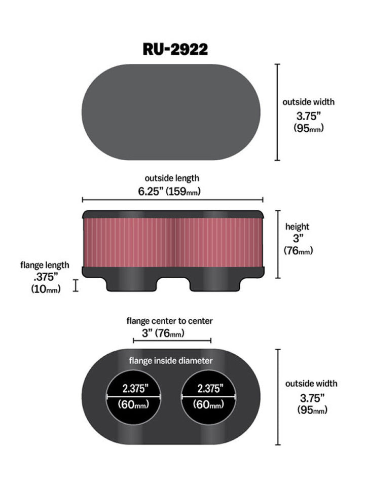 K&N Filter Universal Filter 2 3/4 inch Dual Flange GSXR Oval (2/Box) - Bull Strap