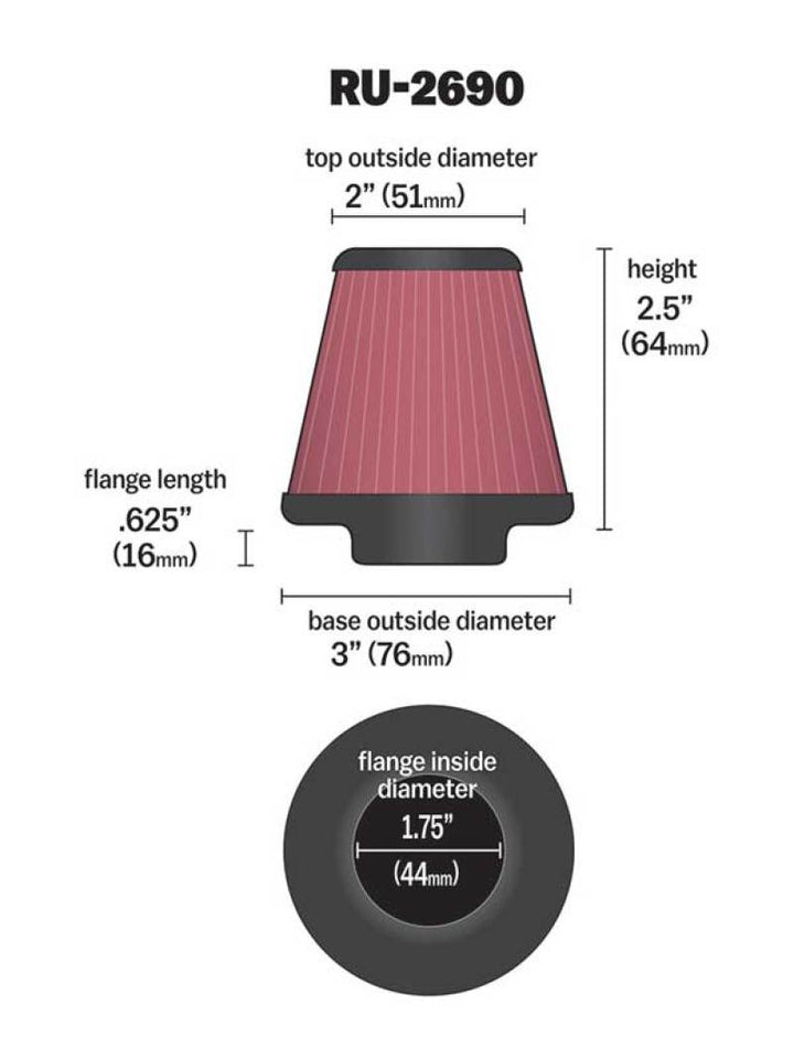 K&N Filter Universal Rubber Filter 1 3/4 inch Flange 3 inch Base 2 inch Top 2.5 inch Height - Bull Strap