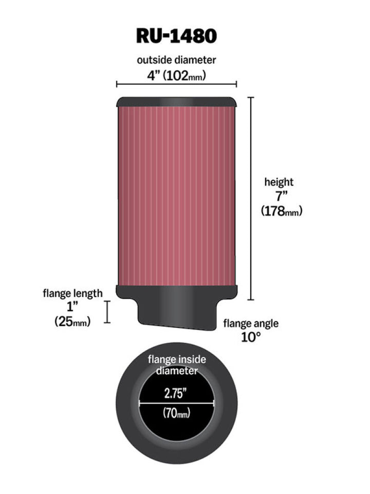 K&N Filter Universal Rubber Filter 10 Degree Flange Angle 4in OD x 2.75in Flange ID x 7in H - Bull Strap