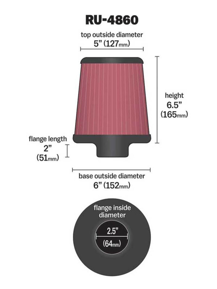 K&N Filter Universal Rubber Filter 2 1/2 inch Flange 6 inch Base 5 inch Top 6 1/2 inch Height - Bull Strap