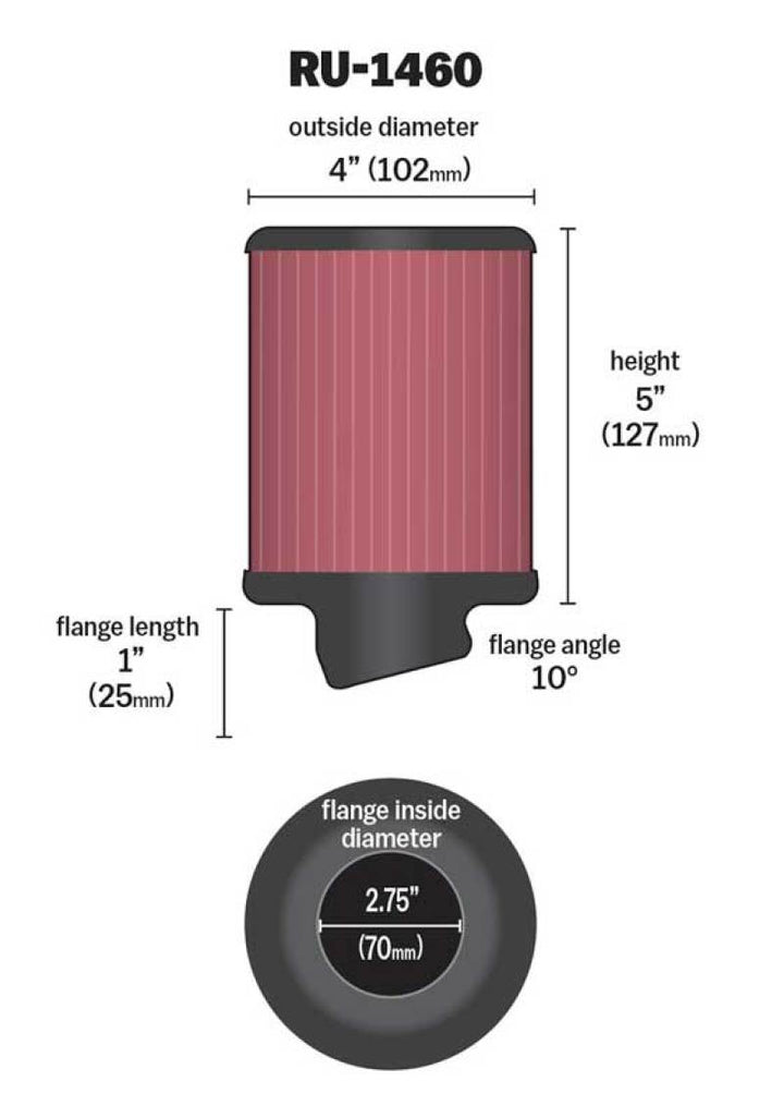 K&N Filter Universal Rubber Filter 2 3/4 inch 10 Degree Flange 4 inch OD 5 inch Height - Bull Strap