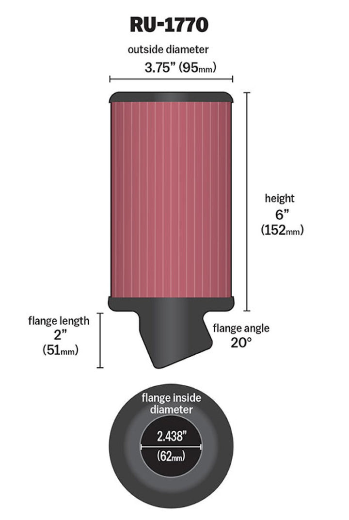 K&N Filter Universal Rubber Filter 2 7/16 inch 20 Degree Flange 3 3/4 inch OD 6 inch Height - Bull Strap