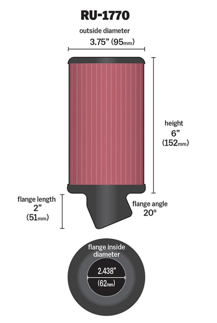 K&N Filter Universal Rubber Filter 2 7/16 inch 20 Degree Flange 3 3/4 inch OD 6 inch Height - Bull Strap