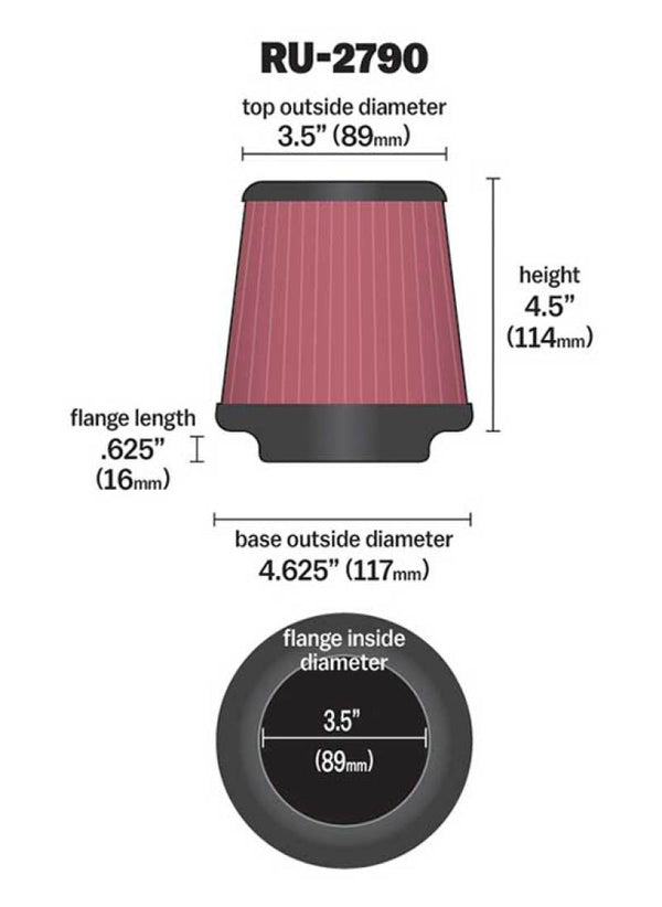 K&N Filter Universal Rubber Filter 3 1/2 inch Flange 4 5/8 inch Base 3 1/2 inch Top 4 1/2 inch Heigh - Bull Strap