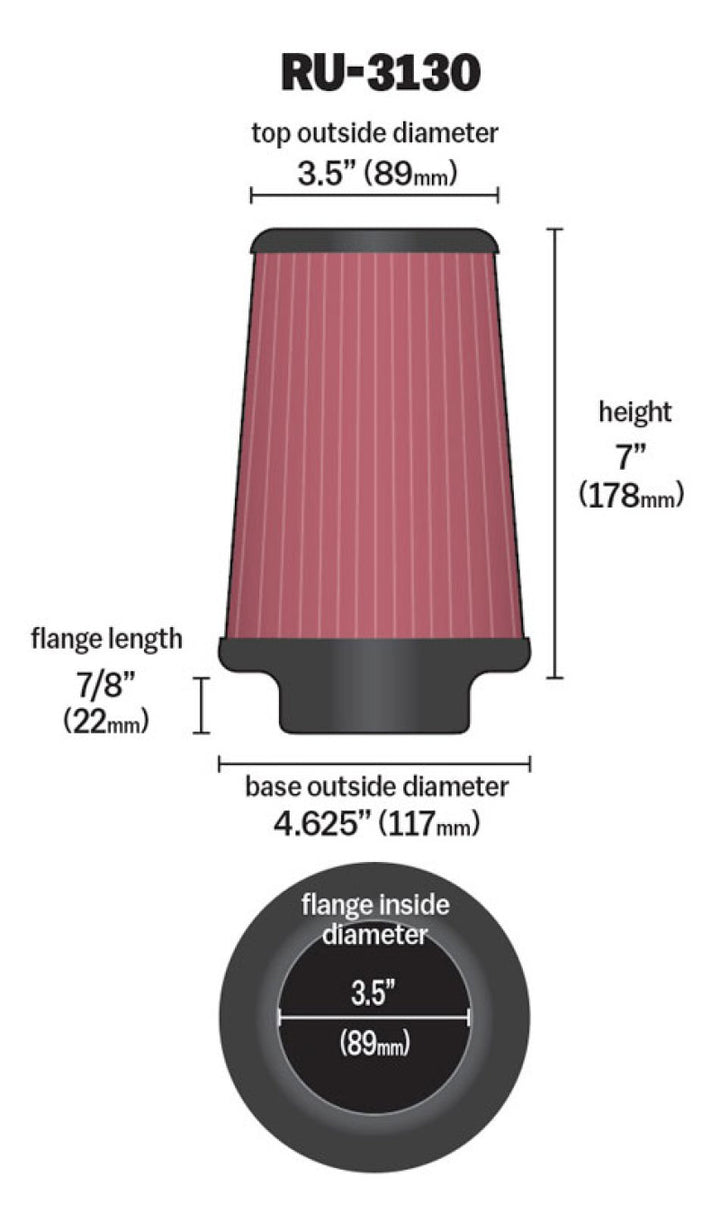 K&N Filter Universal Rubber Filter 3 1/2 inch Flange 4 5/8 inch Base 3 1/2 inch Top 7 inch Height - Bull Strap