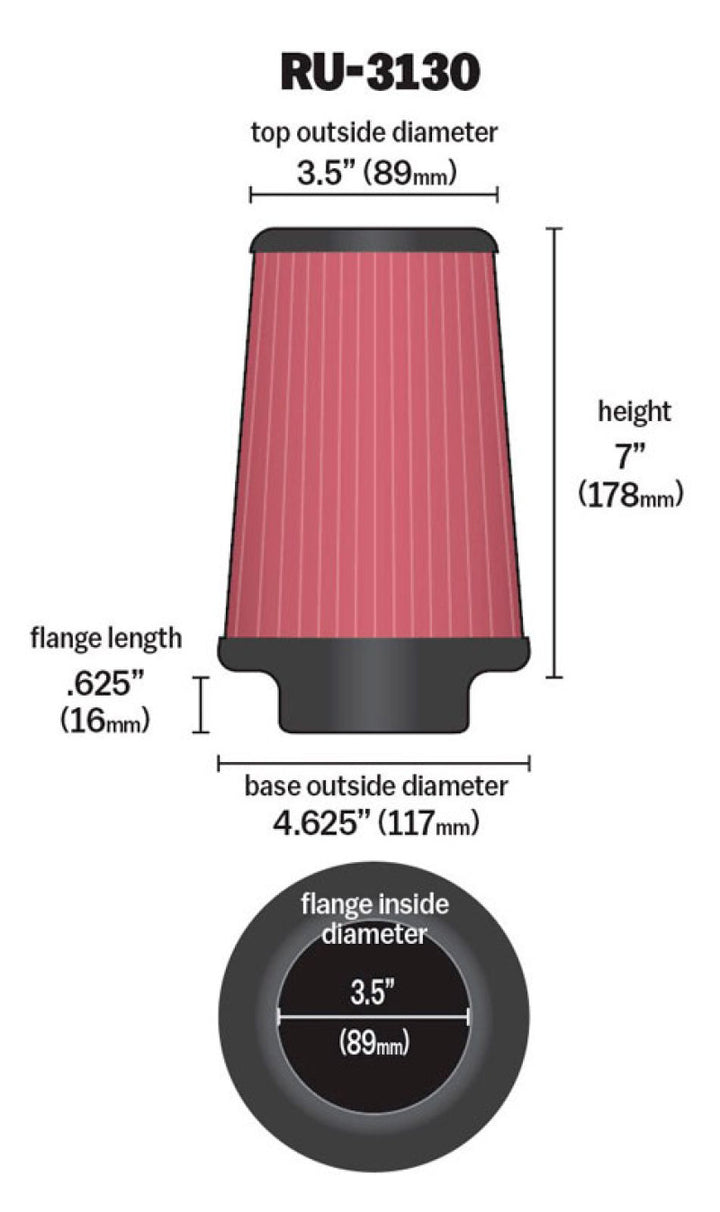 K&N Filter Universal Rubber Filter 3 1/2 inch Flange 4 5/8 inch Base 3 1/2 inch Top 7 inch Height - Bull Strap