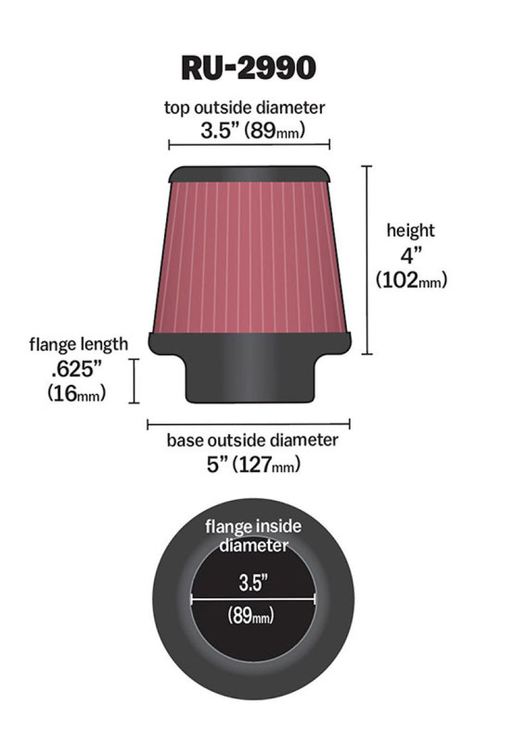 K&N Filter Universal Rubber Filter 3 1/2 inch Flange 5 inch Base 3 1/2 inch Top 4 inch Height - Bull Strap