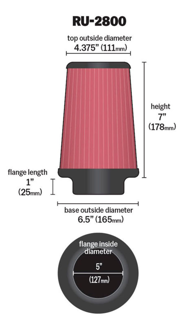 K&N Filter Universal Rubber Filter 5 inch Flange 6 1/2 inch Base 4 3/8 inch Top 7 inch Height - Bull Strap