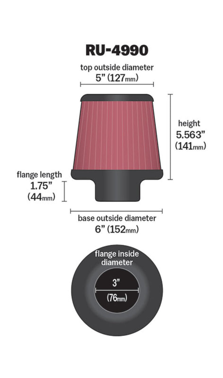K&N Filter Universal Rubber Filter-Rd Tapered 3in Flange ID x 6in Base OD x 5in Top OD x 5.563in H - Bull Strap