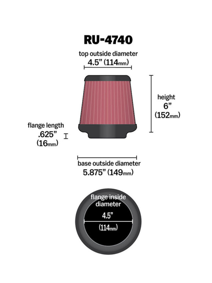 K&N Filter Universal Rubber Filter Round Tapered 4.5in  Flange 5.875in Base 4.5 inch Top 6in  Height - Bull Strap