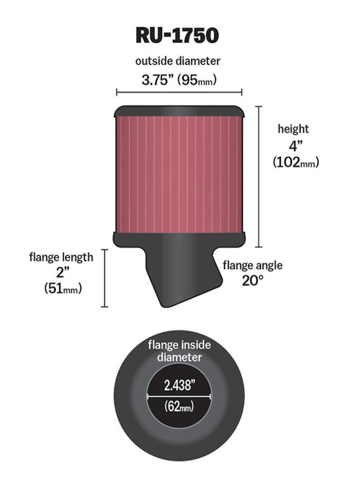 K&N Filter Universal Rubber Round Straight Filter 20 Deg Angled 2-7/16in Flange 3-3/4in OD 4in H - Bull Strap