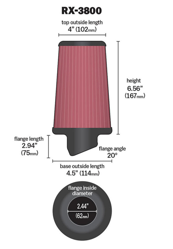 K&N Filter Universal X Stream Clamp-On 2.438in Flange ID x 4.5in Base OD x 4in Top OD x 6.563in H - Bull Strap