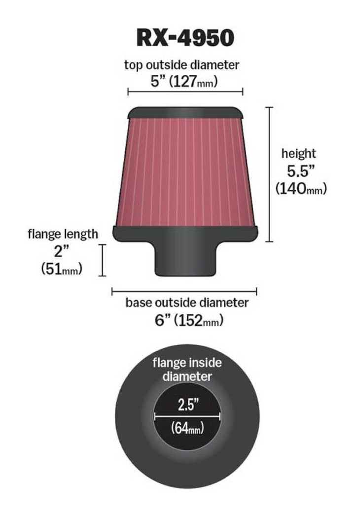 K&N Filter Universal X Stream Clamp-On 2.5in Flange ID / 6in Base OD / 5in Top OD / 5.5in Height - Bull Strap