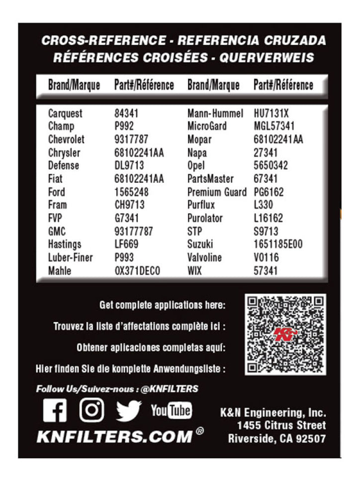 K&N Performance Oil Filter - 14-18 Fiat 500L 1.4L L4 Gas - Bull Strap
