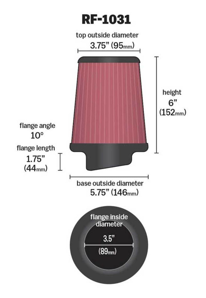 K&N Round Tapered Universal Air Filter 3.5in Flange ID / 5.75in Base OD / 3.75in Top OD / 6in H - Bull Strap