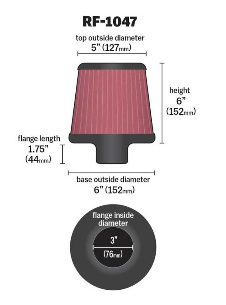 K&N Round Tapered Universal Air Filter 3 inch Flange 6 inch Base 5 inch Top 6 inch Height - Bull Strap