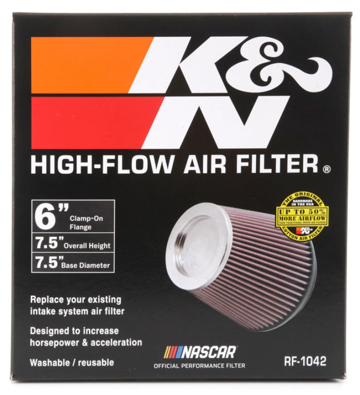 K&N Round Tapered Universal Air Filter 6in Flange ID x 7.5in Base OD x 5in Top OD x 6.5in Height - Bull Strap
