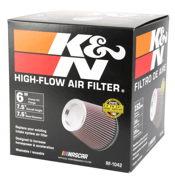 K&N Round Tapered Universal Air Filter 6in Flange ID x 7.5in Base OD x 5in Top OD x 6.5in Height - Bull Strap