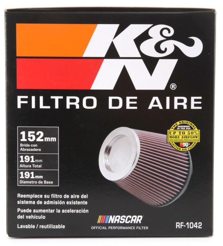 K&N Round Tapered Universal Air Filter 6in Flange ID x 7.5in Base OD x 5in Top OD x 6.5in Height - Bull Strap