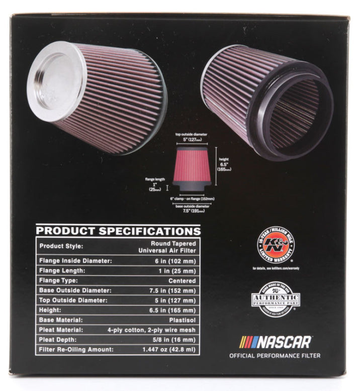 K&N Round Tapered Universal Air Filter 6in Flange ID x 7.5in Base OD x 5in Top OD x 6.5in Height - Bull Strap
