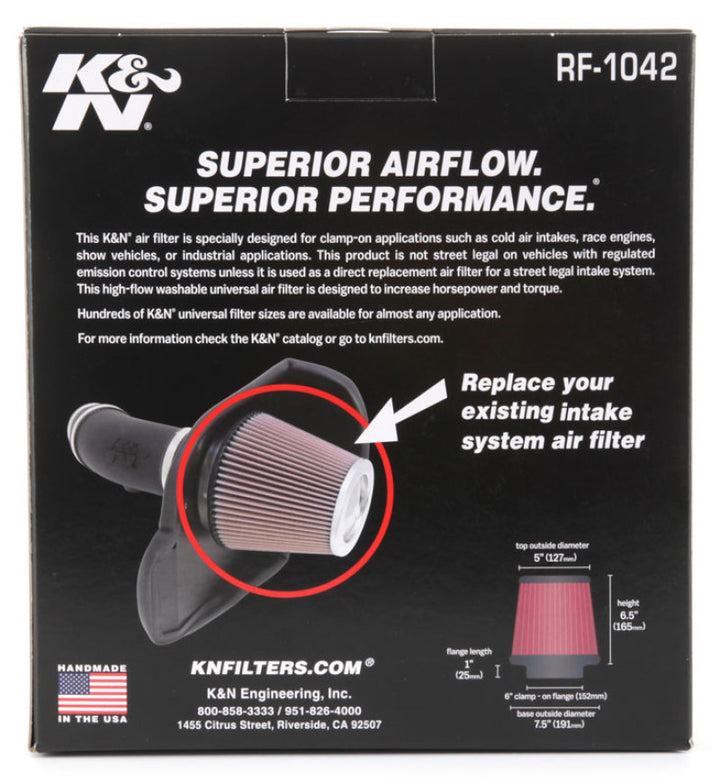 K&N Round Tapered Universal Air Filter 6in Flange ID x 7.5in Base OD x 5in Top OD x 6.5in Height - Bull Strap