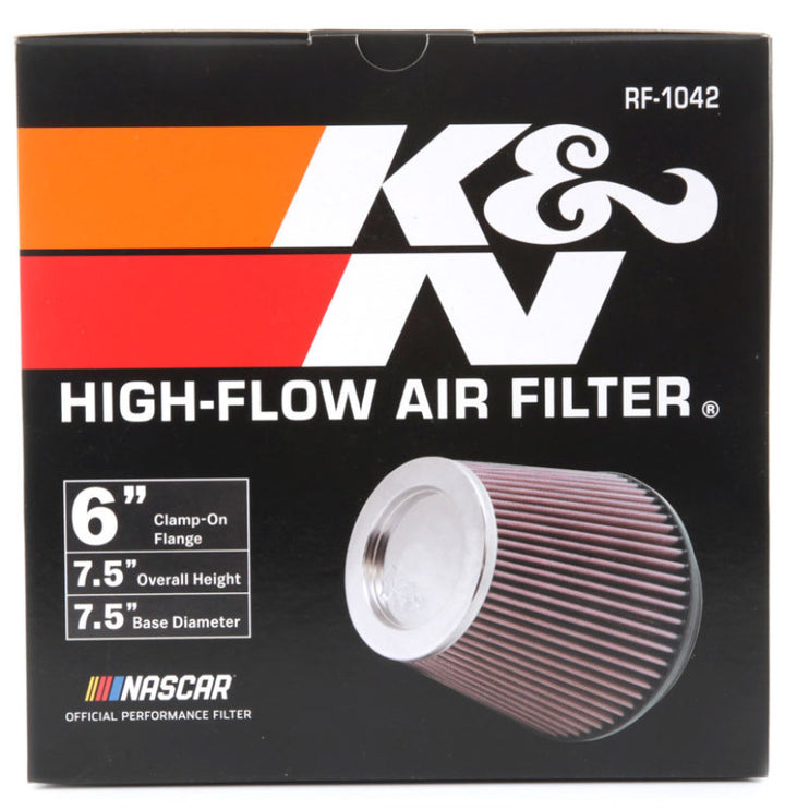 K&N Round Tapered Universal Air Filter 6in Flange ID x 7.5in Base OD x 5in Top OD x 6.5in Height - Bull Strap
