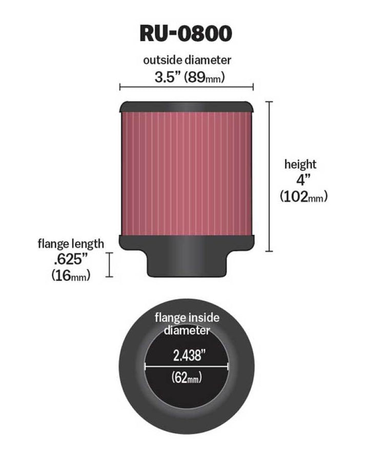 K&N Universal Air Filter - 2-7/16in Flange x 3-1/2in OD x 4in Height - Bull Strap