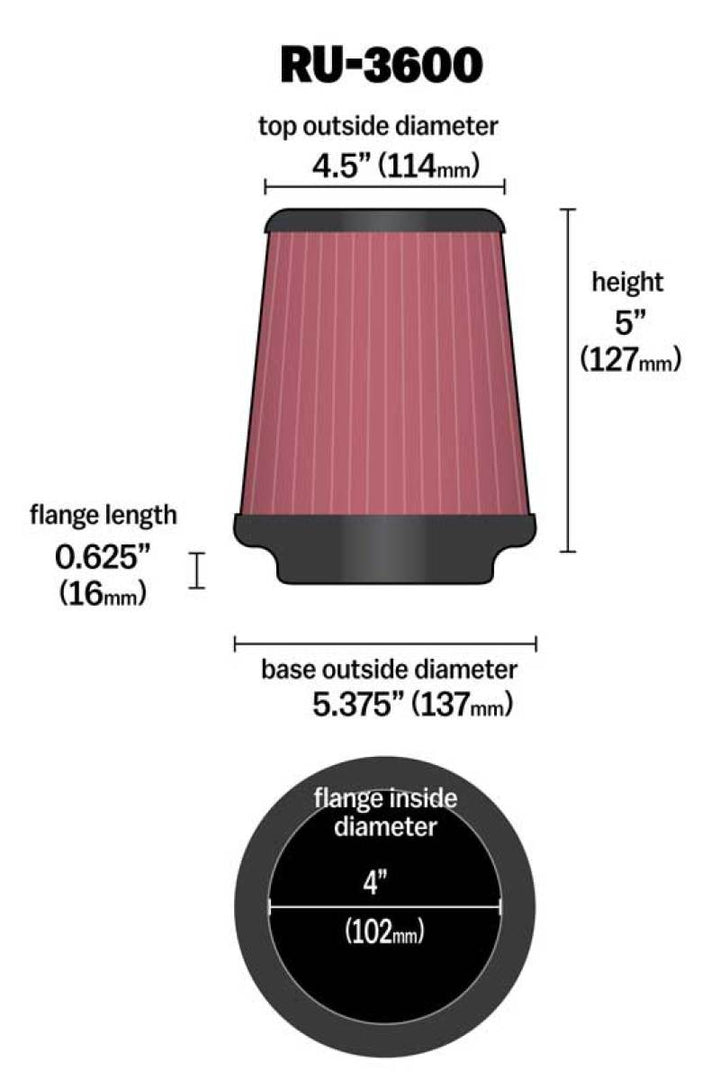 K&N Universal Air Filter 4in Flange / 5-3/8 in Base / 4-1/2in Top / 5in Height - Bull Strap