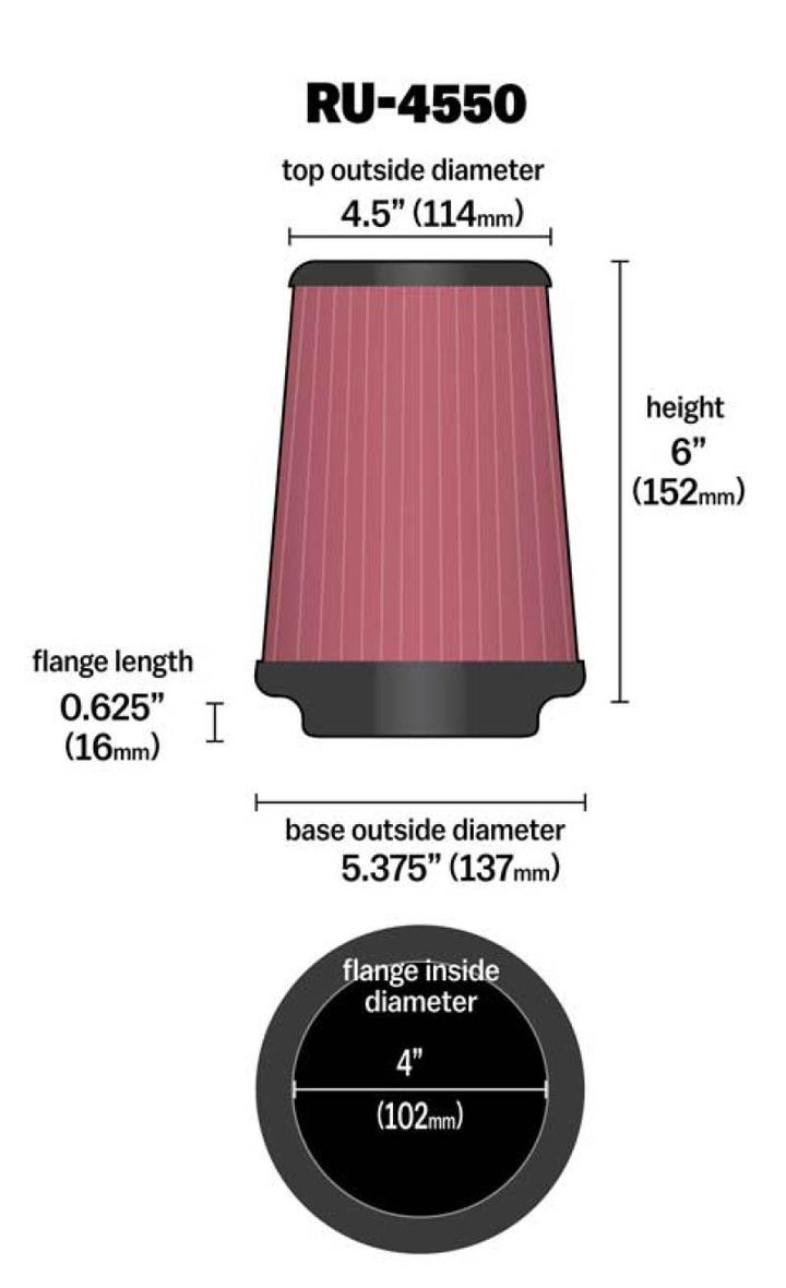 K&N Universal Air Filter 4in Flange / 5-3/8in Base / 4-1/2in Top / 6in Height - Bull Strap