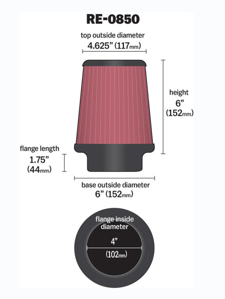 K&N Universal Air Filter (4in. Flange / 6in. Base OD / 4-5/8in. Top OD / 6in. Height) - Bull Strap