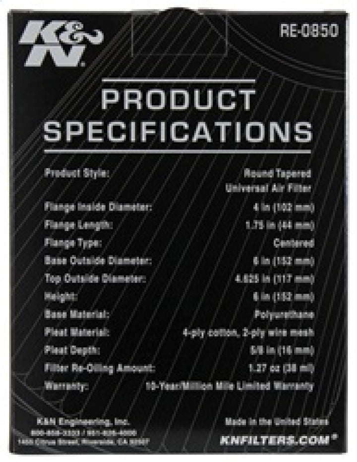 K&N Universal Air Filter (4in. Flange / 6in. Base OD / 4-5/8in. Top OD / 6in. Height) - Bull Strap