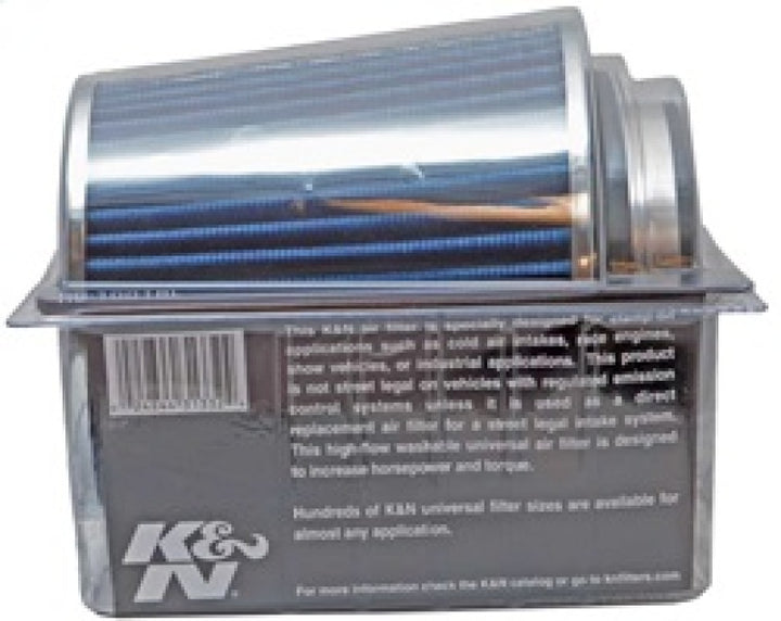 K&N Universal Air Filter Chrome Round Tapered Blue - 4in Flange ID x 1.125in Flange Length x 5.5in H - Bull Strap