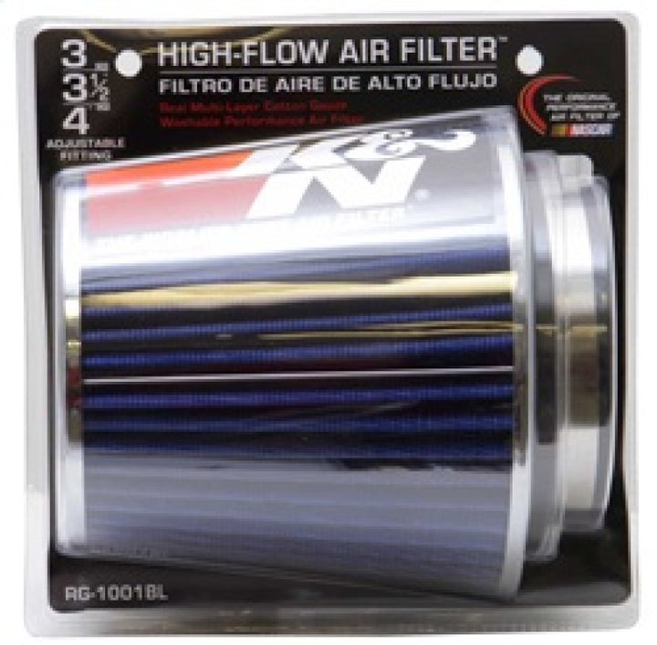 K&N Universal Air Filter Chrome Round Tapered Blue - 4in Flange ID x 1.125in Flange Length x 5.5in H - Bull Strap