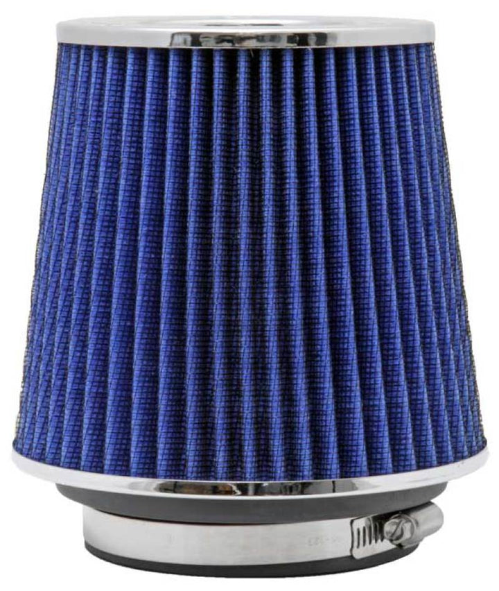 K&N Universal Air Filter Chrome Round Tapered Blue - 4in Flange ID x 1.125in Flange Length x 5.5in H - Bull Strap