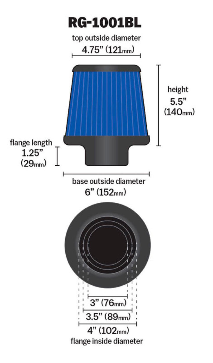 K&N Universal Air Filter Chrome Round Tapered Blue - 4in Flange ID x 1.125in Flange Length x 5.5in H - Bull Strap
