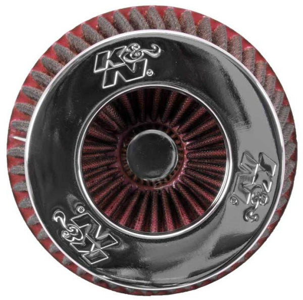K&N Universal Air Filter Chrome Round Tapered Red - 4in Flange ID x 1.125in Flange Length x 5.5in H - Bull Strap