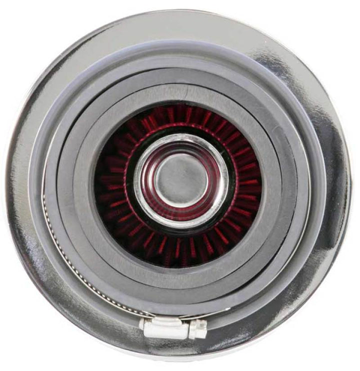 K&N Universal Air Filter Chrome Round Tapered Red - 4in Flange ID x 1.125in Flange Length x 5.5in H - Bull Strap