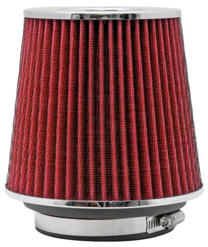 K&N Universal Air Filter Chrome Round Tapered Red - 4in Flange ID x 1.125in Flange Length x 5.5in H - Bull Strap