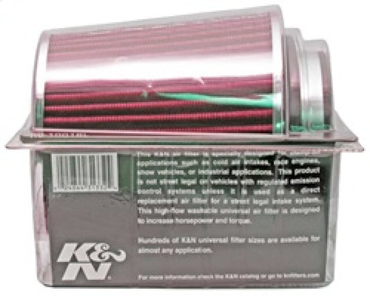K&N Universal Air Filter Chrome Round Tapered Red - 4in Flange ID x 1.125in Flange Length x 5.5in H - Bull Strap