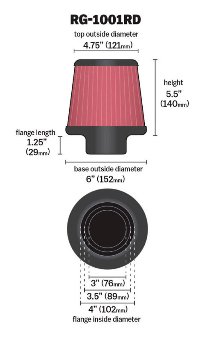 K&N Universal Air Filter Chrome Round Tapered Red - 4in Flange ID x 1.125in Flange Length x 5.5in H - Bull Strap