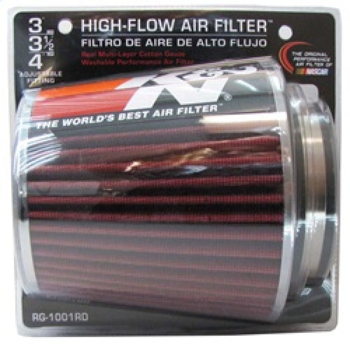 K&N Universal Air Filter Chrome Round Tapered Red - 4in Flange ID x 1.125in Flange Length x 5.5in H - Bull Strap