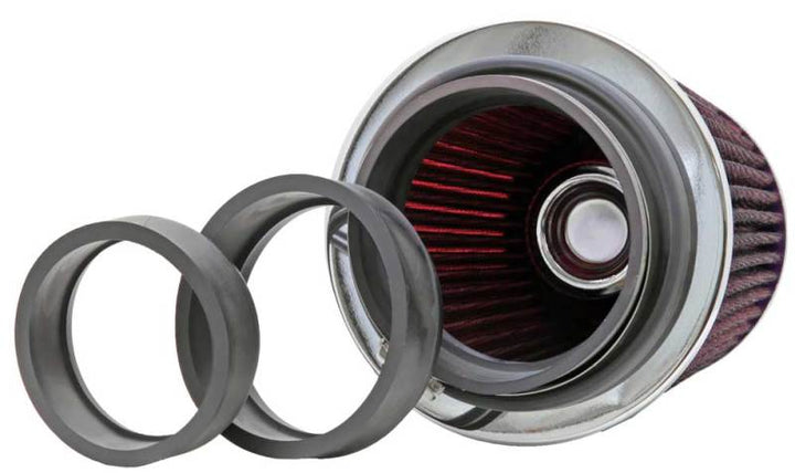 K&N Universal Air Filter Chrome Round Tapered Red - 4in Flange ID x 1.125in Flange Length x 5.5in H - Bull Strap