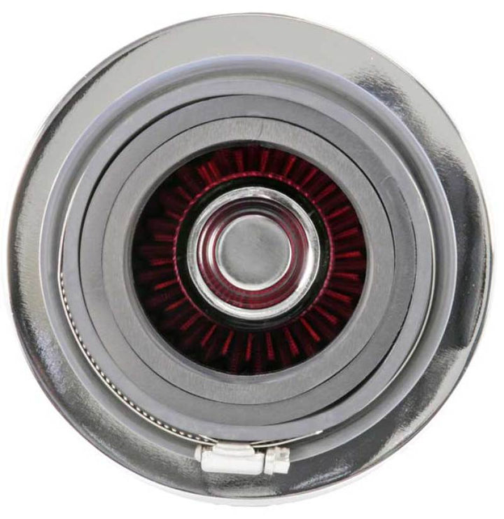 K&N Universal Air Filter Chrome Round Tapered Red - 4in Flange ID x 1.125in Flange Length x 5.5in H - Bull Strap