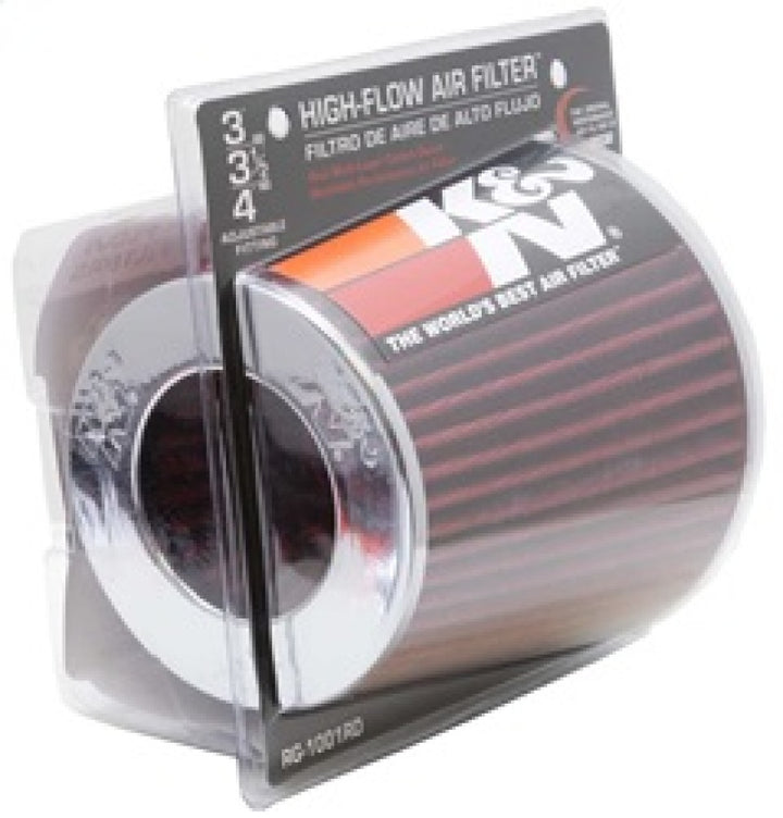 K&N Universal Air Filter Chrome Round Tapered Red - 4in Flange ID x 1.125in Flange Length x 5.5in H - Bull Strap