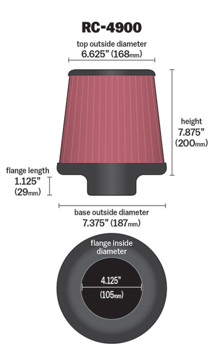 K&N Universal Air Filter Round Tapered 7.375in Base OD / 6.625in Top OD / 7.875in Height - Bull Strap