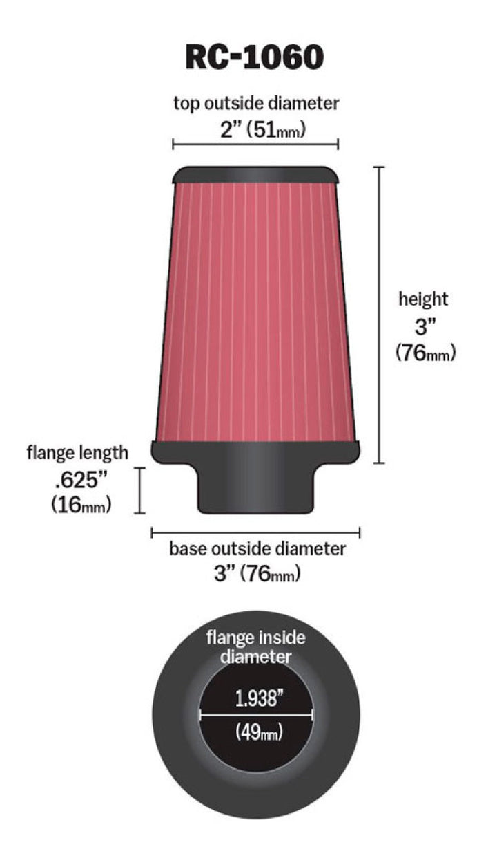 K&N Universal Chrome Filter 1 15/16 inch FLG / 3 inch Base / 2 inch Top / 3 inch Height - Bull Strap