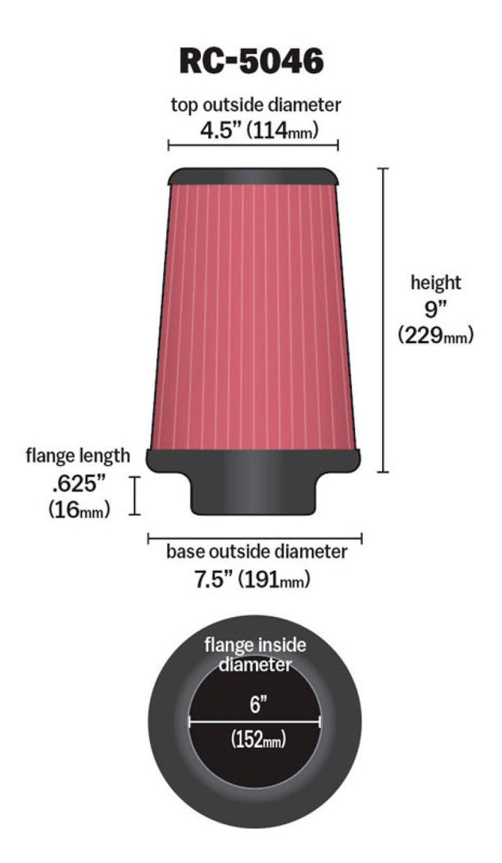 K&N Universal Chrome Filter 6 inch FLG / 7.5 inch Base / 4.5 inch Top / 9 inch Height - Bull Strap